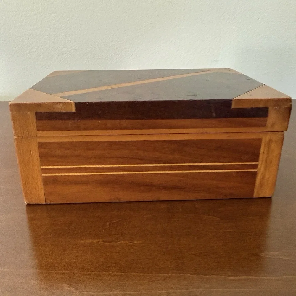 Vintage Wooden Inlay Hinged Keepsake Jewelry Box Velvet Lined Geometric Mother